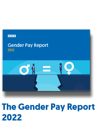 eriks gender pay gap report blue backgrounds and male and female symbols and people either side of a gap in the ground