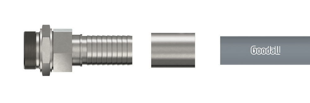 Section of a Goodall hose showing the end, the connector and the actual hose ultimately how all three components connect as solution