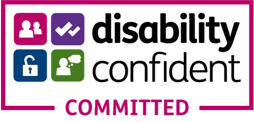 The new UK Government diability confident logo with four icons in a purple outline around the icons and text saying 'disability confident committed'