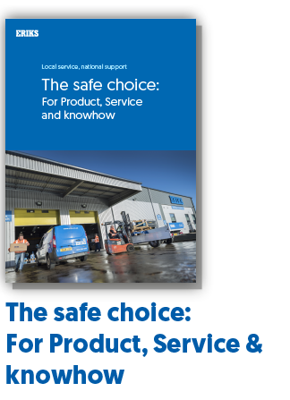 The Safe Choice is ERIKS - Blue block with text saying 'the safe choice' and underneath the ERIKS site loading bay with branded vehicles