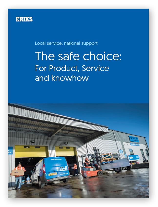 The Safe Choice is ERIKS - Blue block with text saying 'the safe choice' and underneath the ERIKS site loading bay with branded vehicles