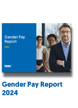 eriks gender pay gap report blue backgrounds and male and female symbols and people either side of a gap in the ground