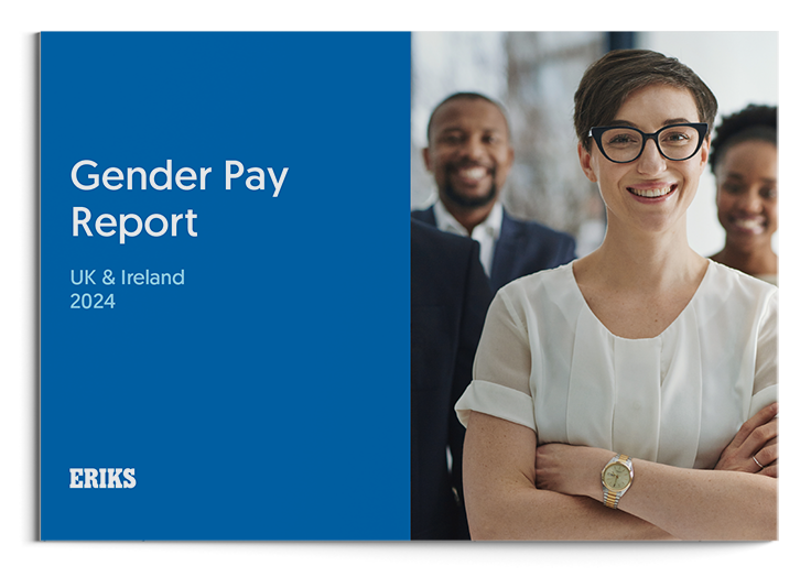 eriks gender pay gap report blue backgrounds and male and female symbols and people either side of a gap in the ground