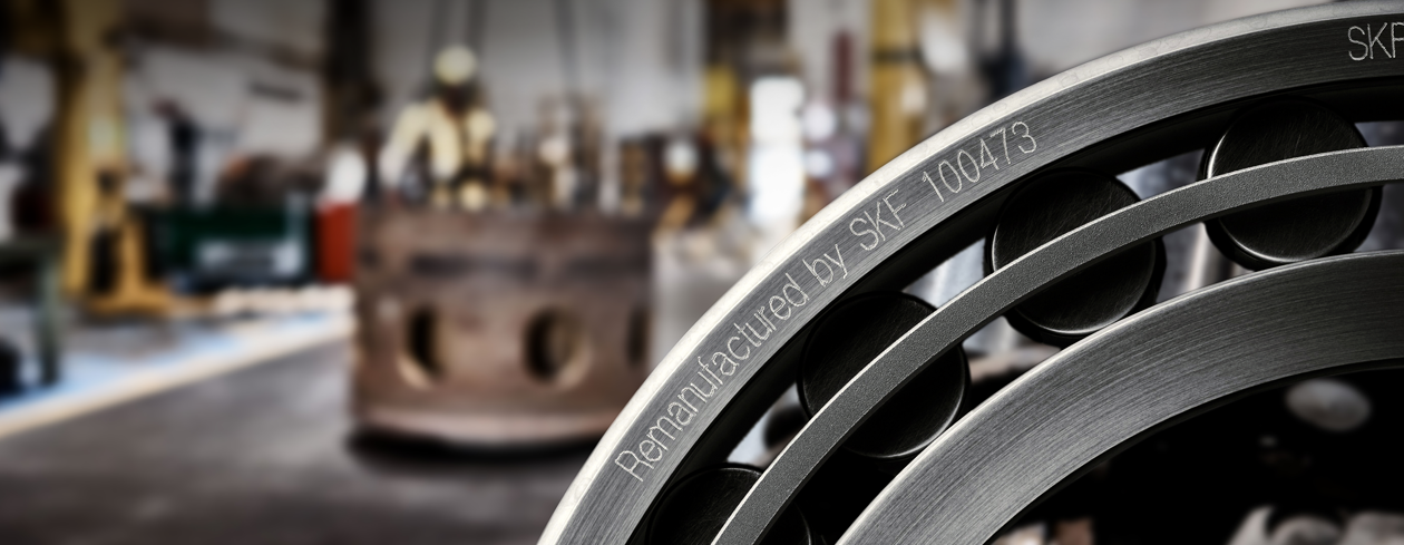 Bearings close-up SKF with faded warehouse background