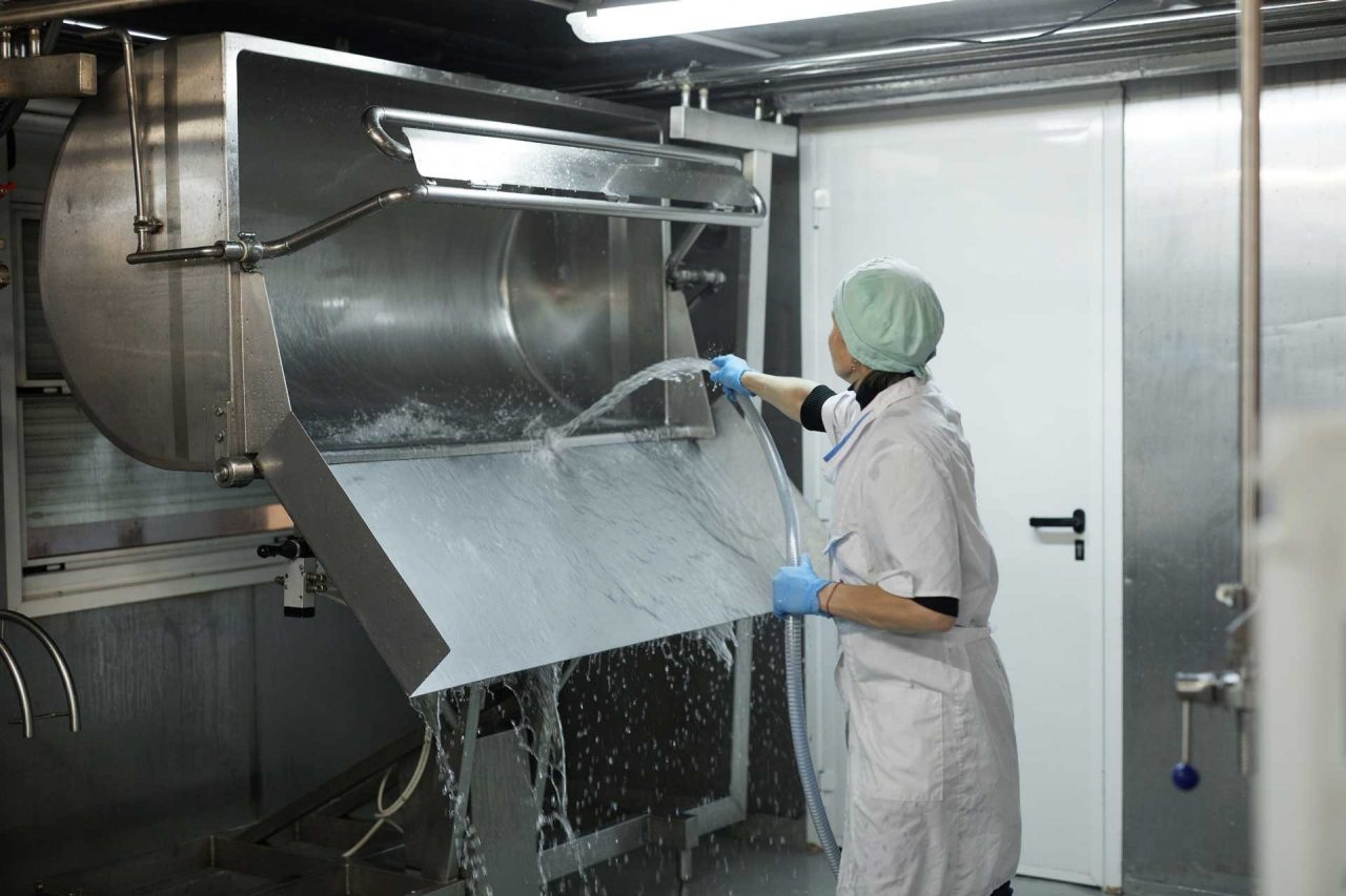 Female Worker Washing Tank at Cheese and Dairy Factory