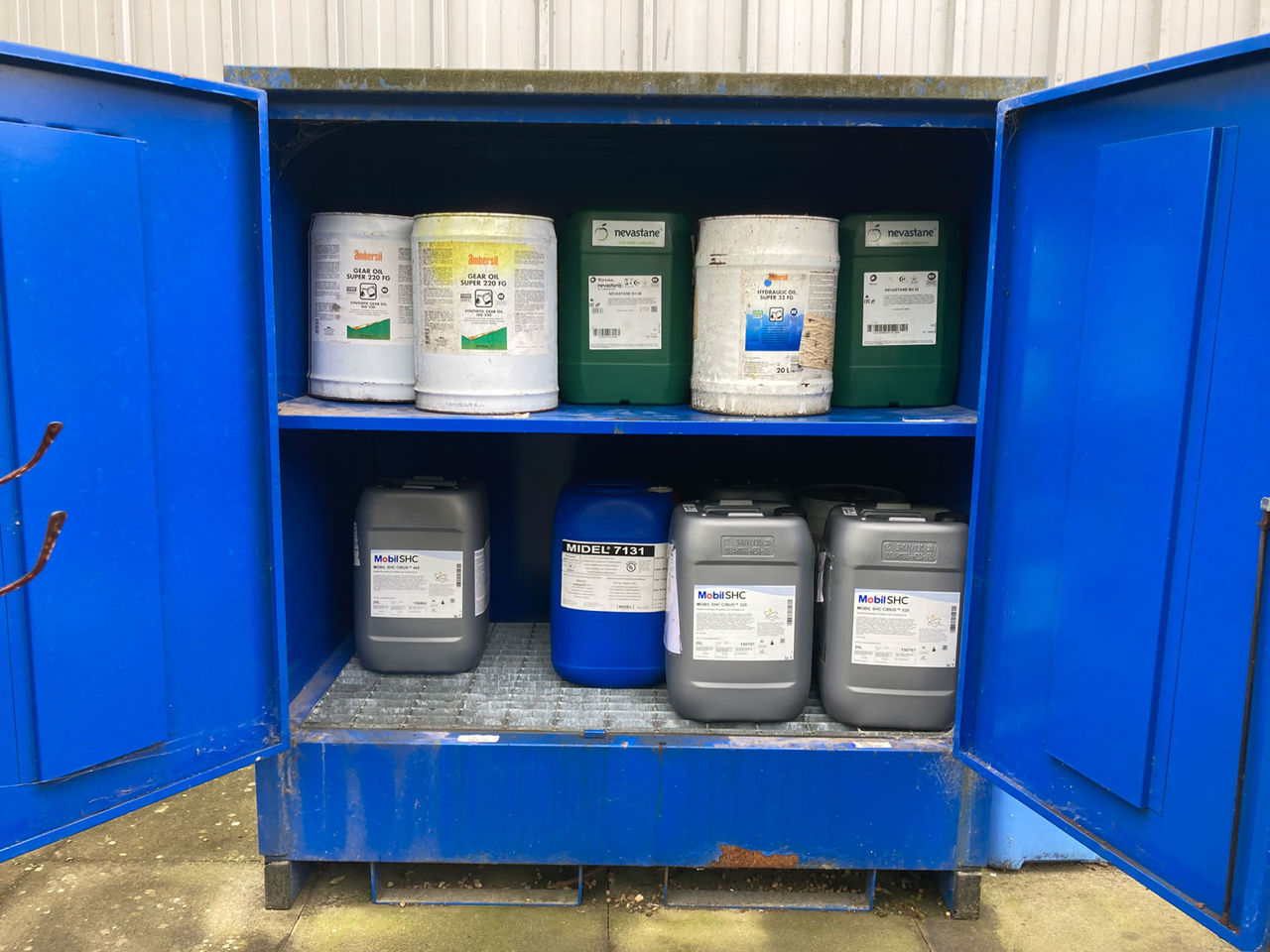oil stored in blue metal cupboard
