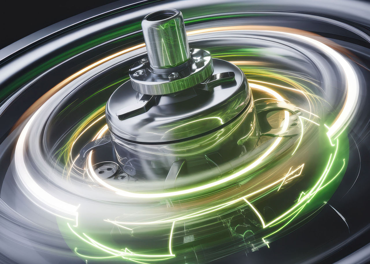 Hybrid Ceramic Bearings give electric motors a boost Close-up of a sleek, spinning electric motor with vibrant green and yellow light trails, showcasing modern engineering and technology in motion.