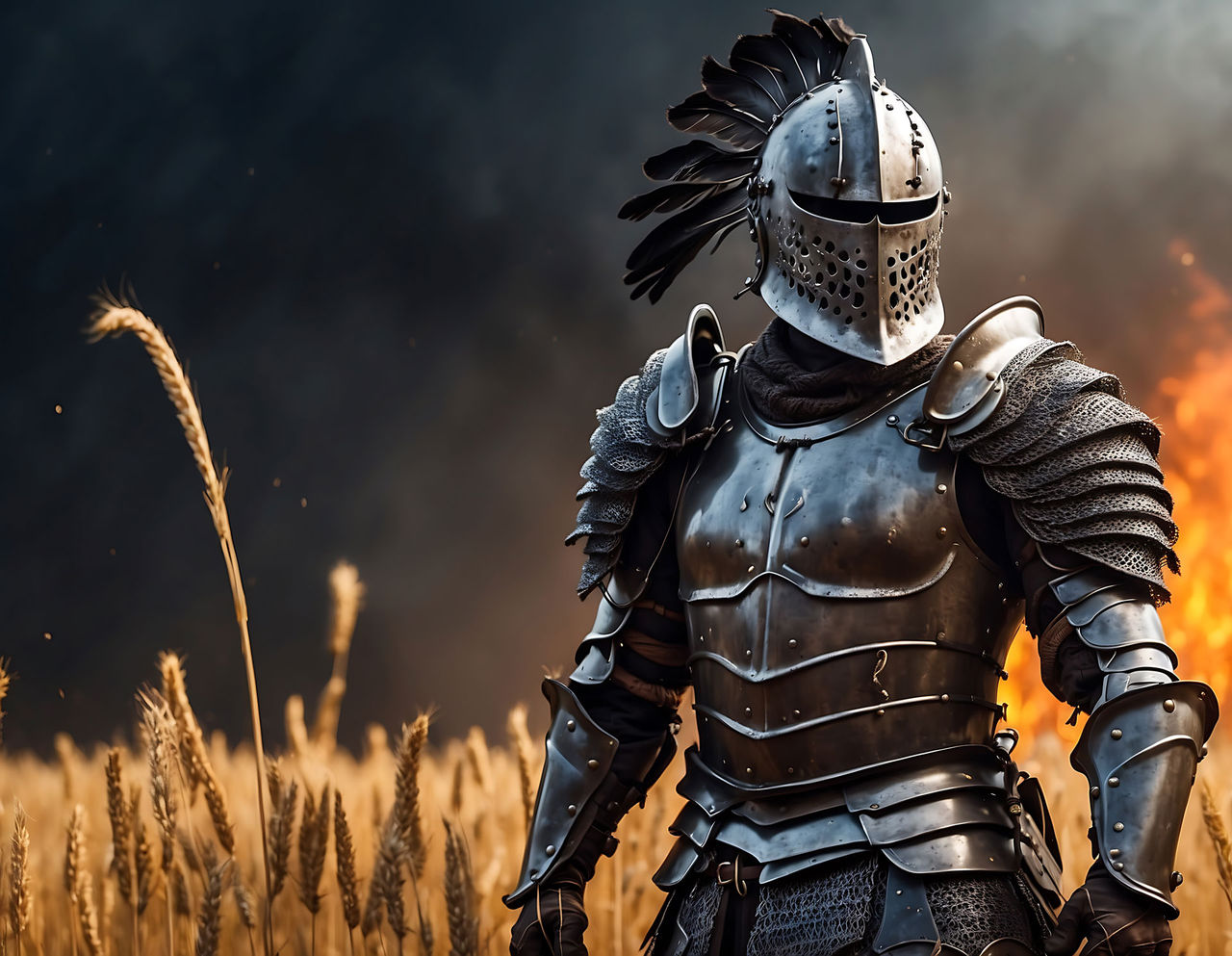 Medieval knight in armor, battle-hardened, stands in a burning field ready for battle.