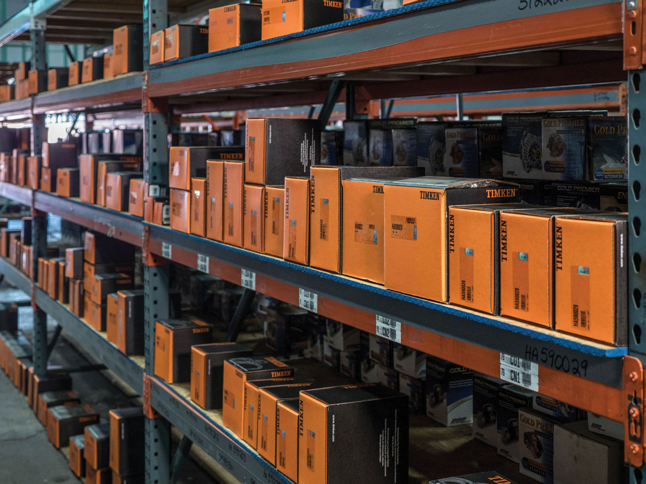 shelves with Timken branded packaging boxes
