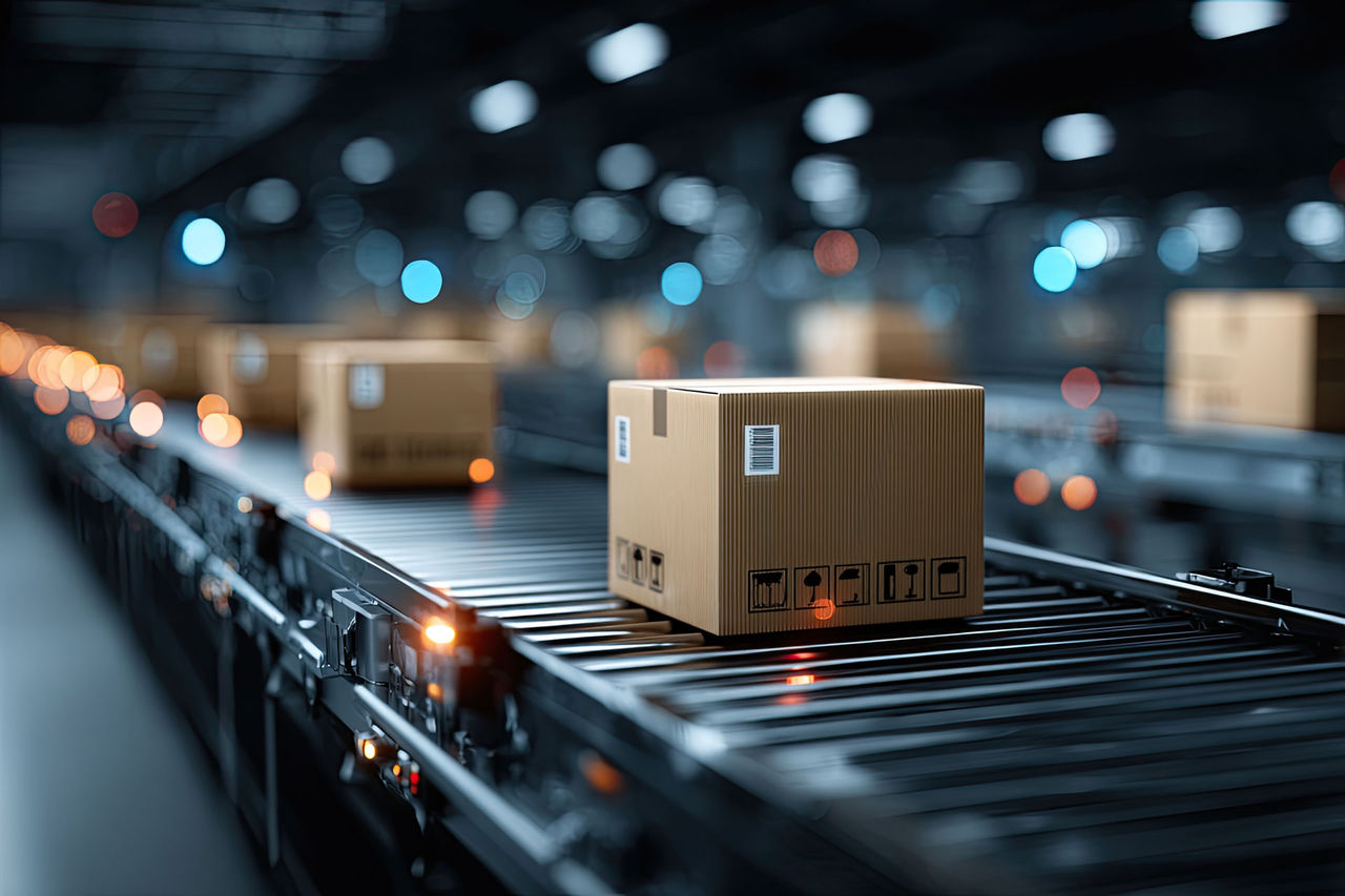 Cardboard boxes on a conveyor belt in a warehouse (1)
