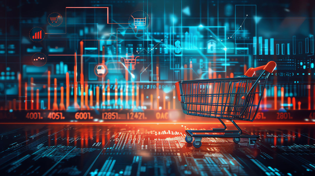 5 ways our webshop works harder for you Shopping Cart On Digital Network Background.