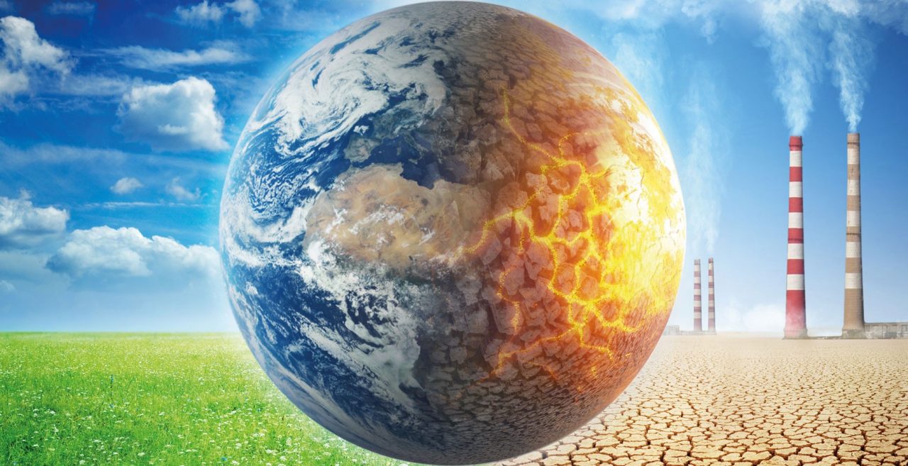 Earth on a background of grass and clouds versus a ruined Earth on a background of a dead desert with Smoking chimneys of industrial enterprises. Concept on ecology, global warming, science, education, etc.