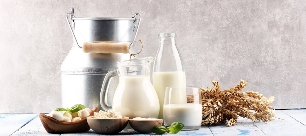 milk products. tasty healthy dairy products on a table. sour cream in a white bowl, cottage cheese bowl, cream in a a bank and milk jar, glass bottle and in a glass