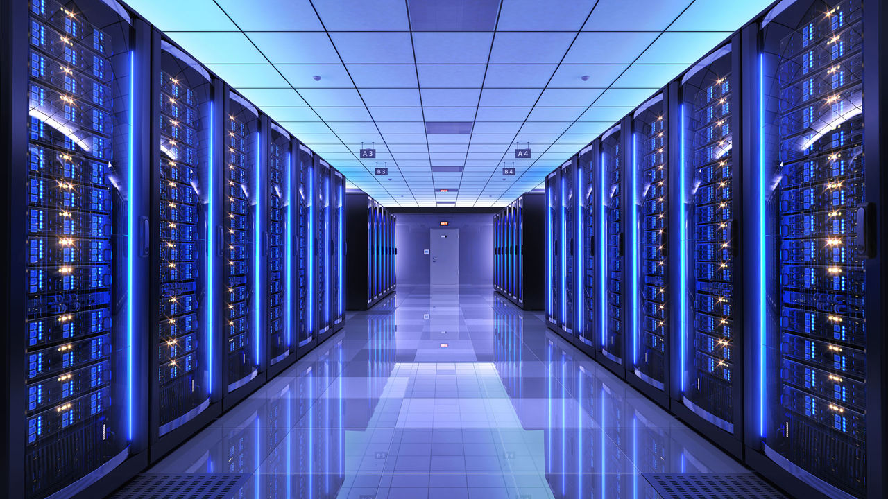 Server racks in server room data center. 3d render, Server racks in server room data center. 3d render