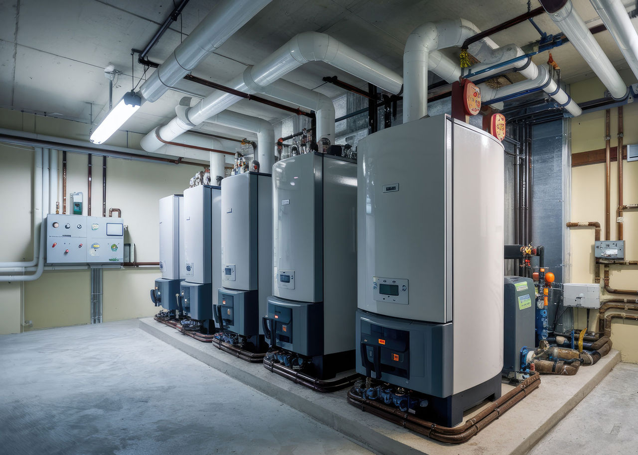 Optimising boiler houses: A sustainable journey for industry Boiler room housing modern heating system with pipes and control panel