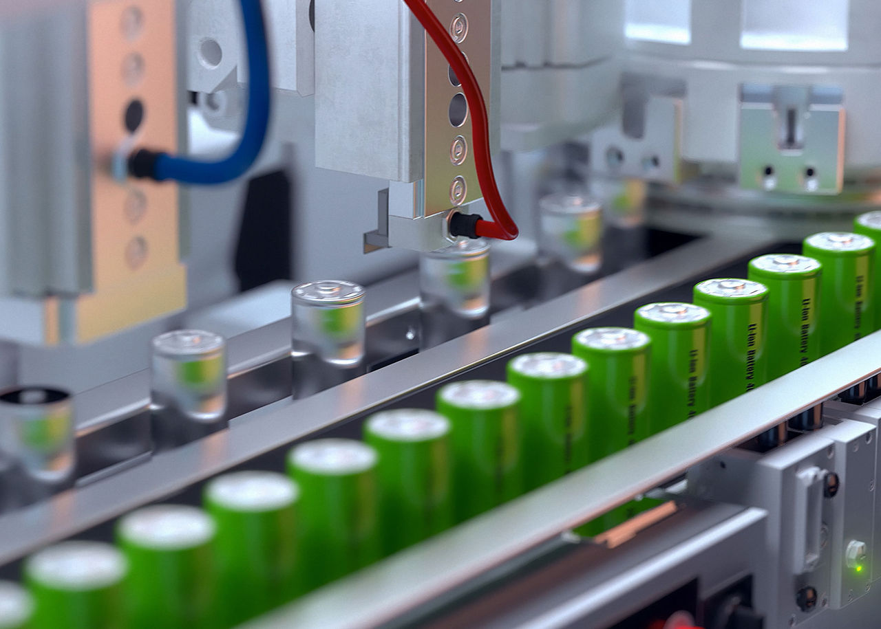 Powering Progress in EV Battery Manufacturing Conveyor line for the production of lithium ion batteries. Ecological energy. 3D illustration. 3D rendering.