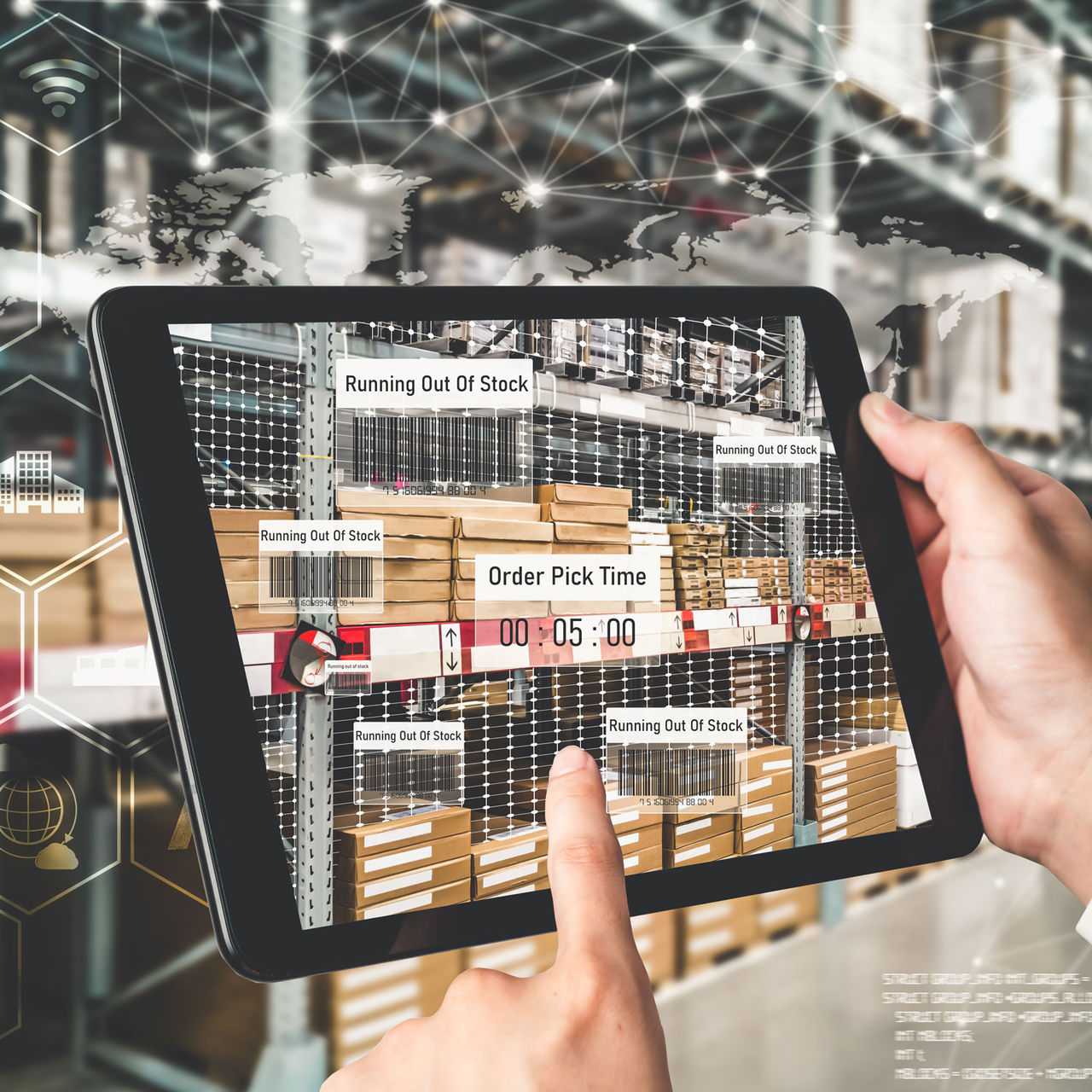 Smart warehouse management system using augmented reality technology hands holding tablet in front of stores racking showing labels for parts