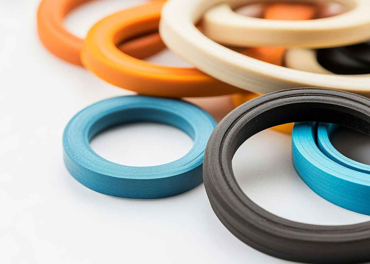 Detailed view of multiple rubber gaskets, industrial components for secure seals, high-quality materials in machinery and automotive engineering
