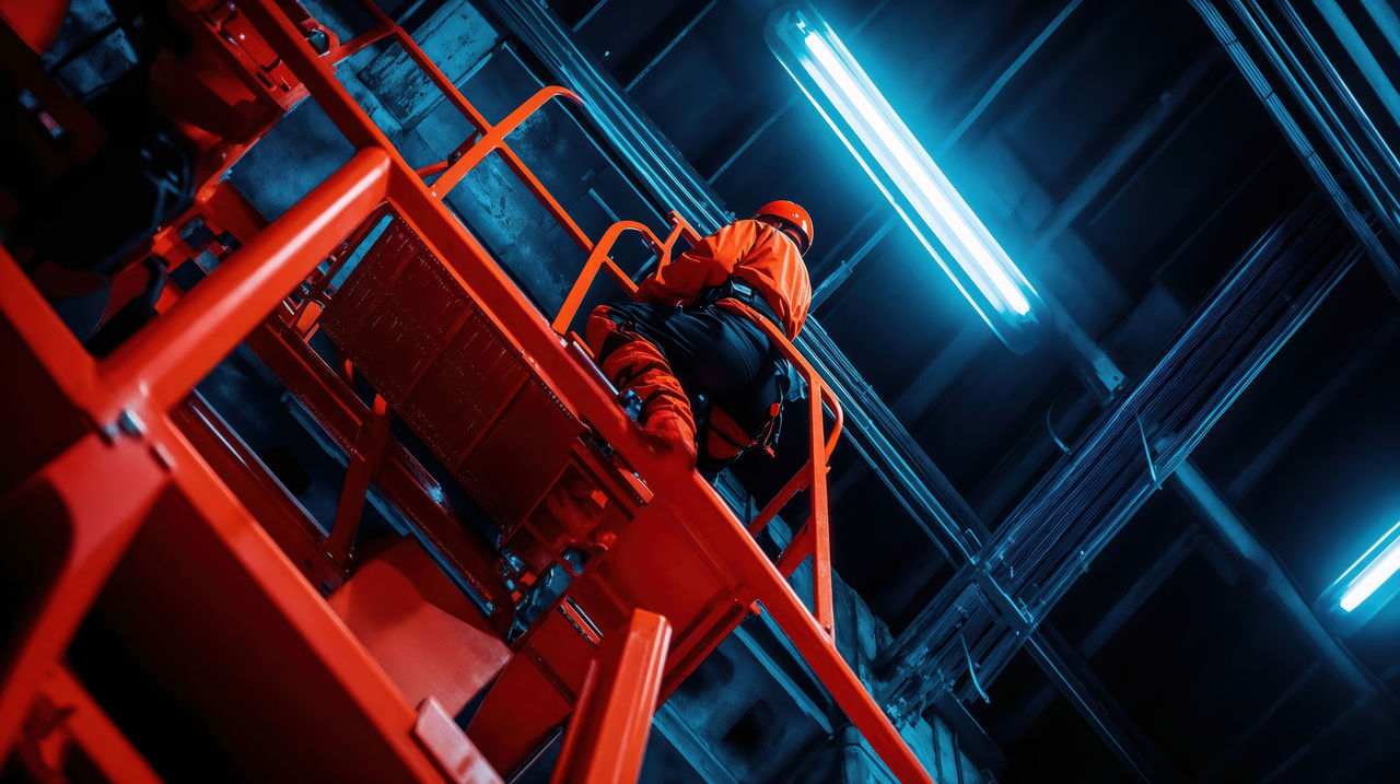 Stop the drop! Industrial worker using lifting platform in dark factory setting
