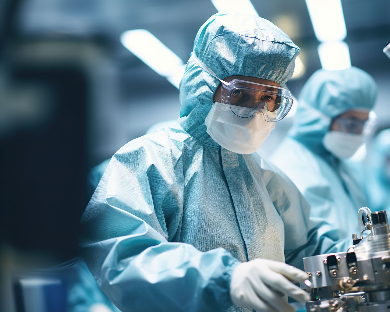 A group of people in protective gear working on a machine. Generative AI. Workers in protective wear in industrial manufacturing cleanroom environment.