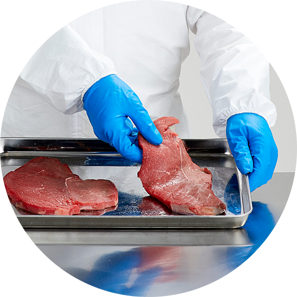 Ansell AlphaTec 79-700 Blue gloves with Ansell AlphaTec 2000 Ts PLUS-111 Handling Meat on metal tray