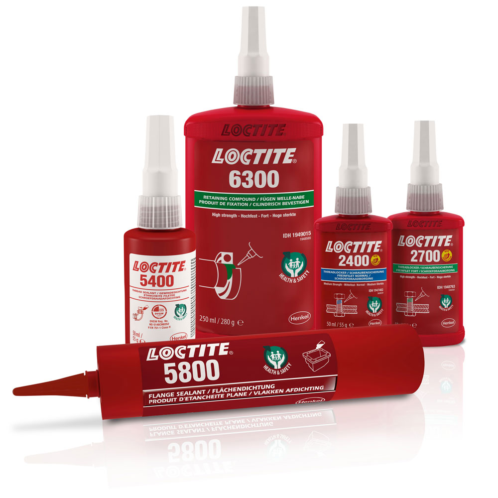 Group of LOCTITE red bottle products including 5400, 6300, 2400, 2700 and 5800