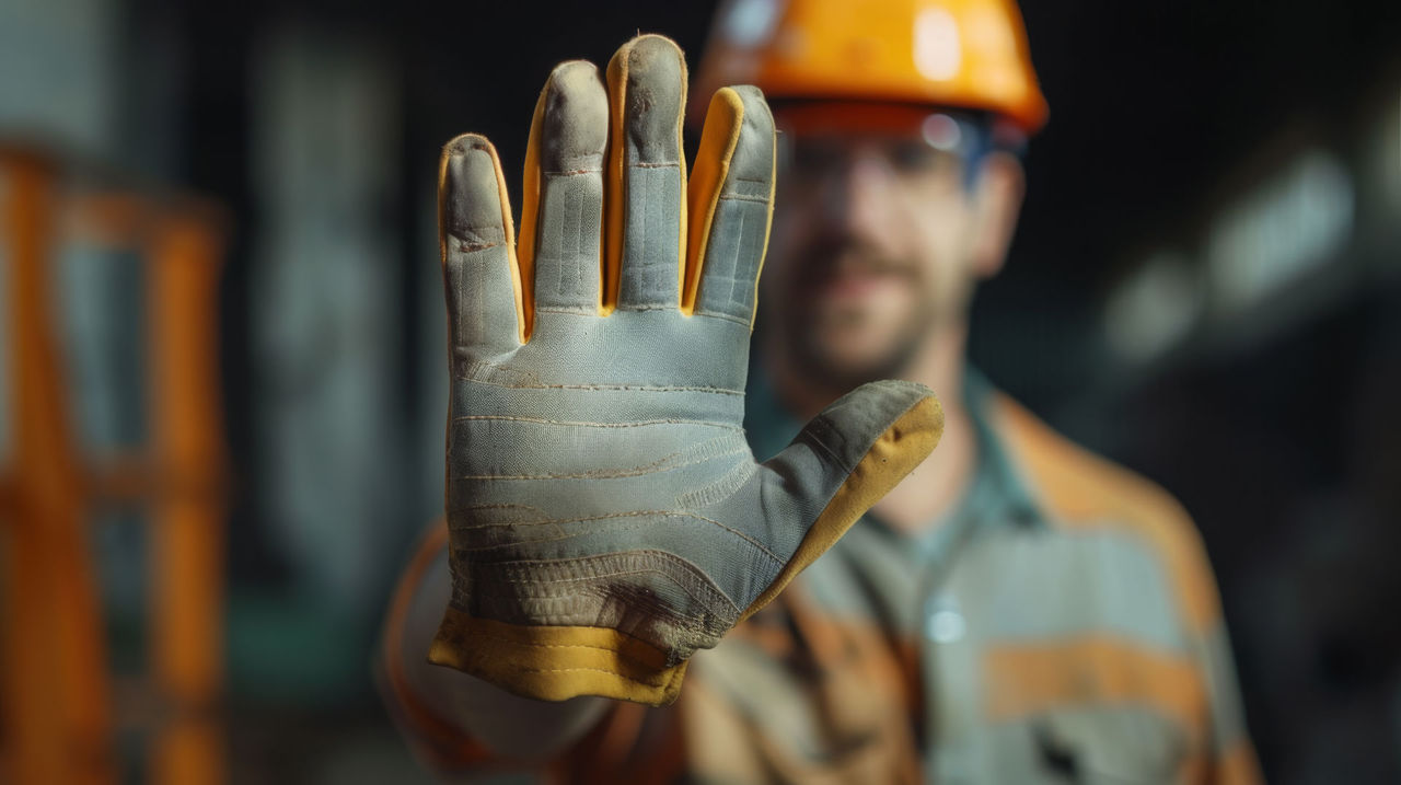 The overlooked factors in hand protection close-up of a worker in safety gear extending a gloved hand in a stop gesture.
