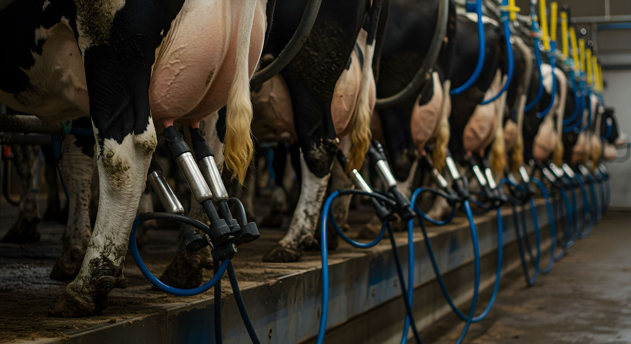 A mooving story Dairy Cows Being Milked in Modern Farm Milking Parlor