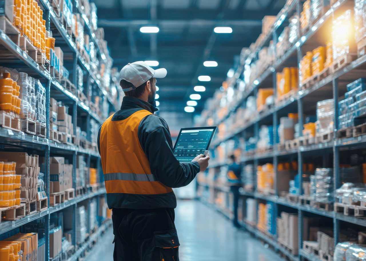 Warehouse worker checking stock levels on a digital screen while walking between aisles, mobile inventory, on-the-go solutions