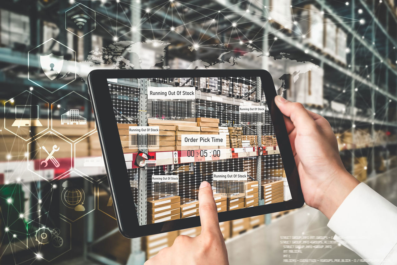 tablet showing information about product on racking