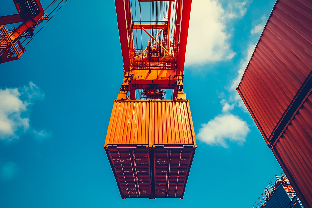 Container Crane Lifting Cargo with a Bright Blue Sky Background at Shipping Yard : Generative AI