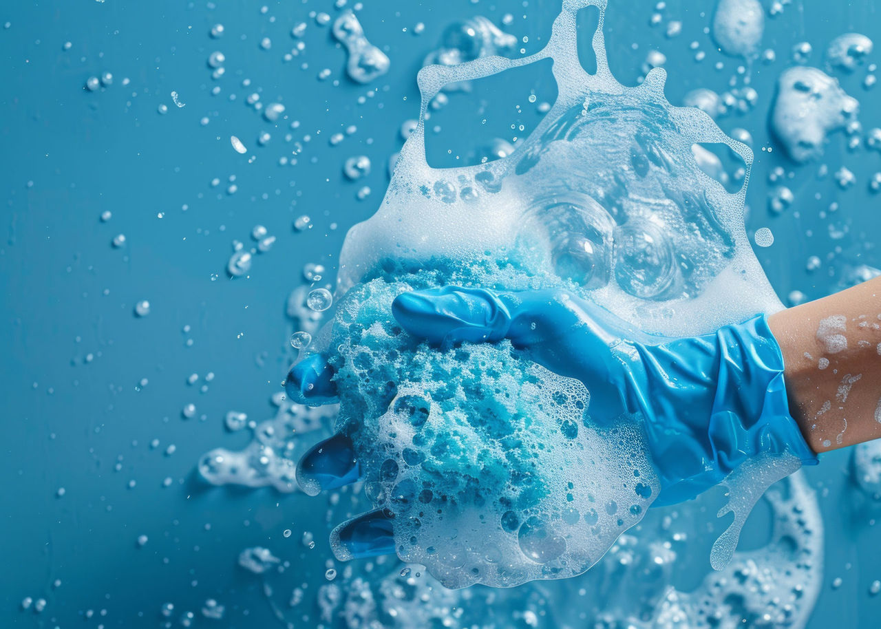 Repair or replace for the best returns? hand wearing a blue glove, squeezing a sponge soaked with soapy water. As a result, soap bubbles and water splash onto a blue surface