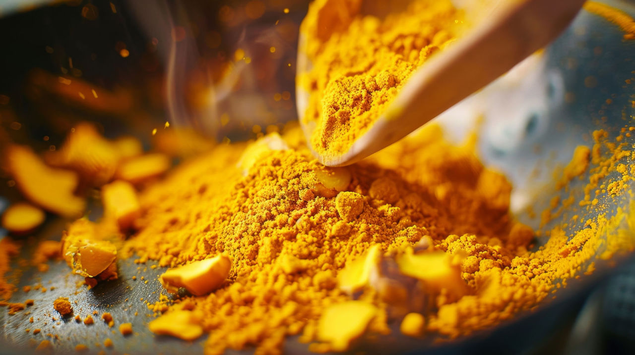 Savings are flavour of the month Close-up of turmeric powder being added to a dish, vibrant and healthy