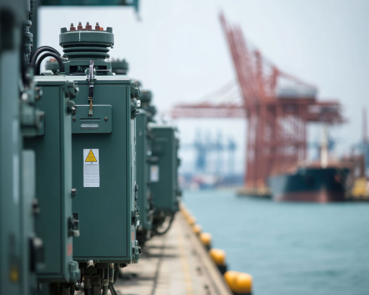 ERIKS Delivers Transformer Overhaul at Critical UK Defence Facility Industrial power transformer near cranes at port, showcasing machinery and shipping activity. scene reflects busy maritime environment with focus on energy infrastructure