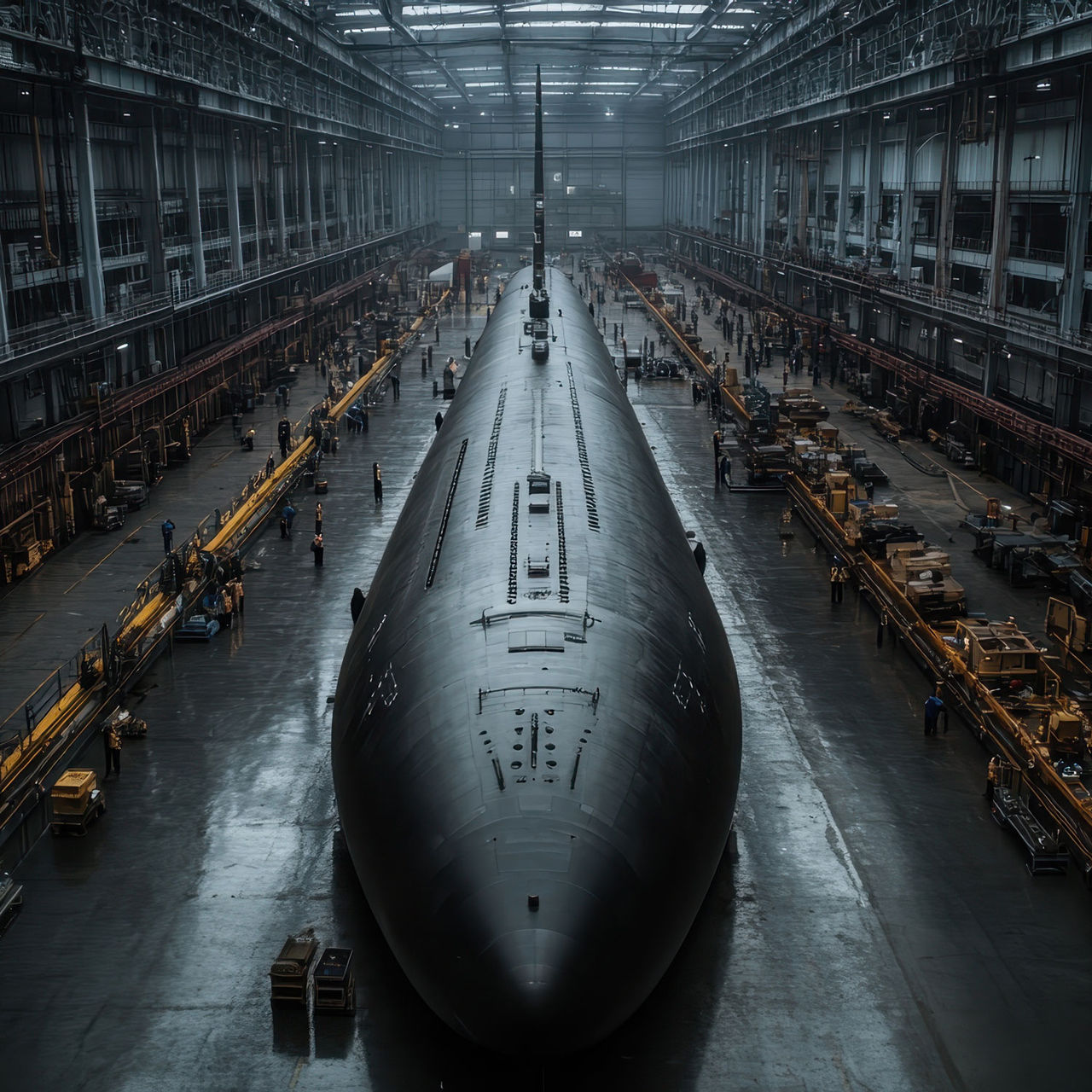A large submarine is positioned in a spacious industrial warehouse, either under construction or maintenance, showcasing the impressive engineering of naval vessels and technology. submarine in hangar