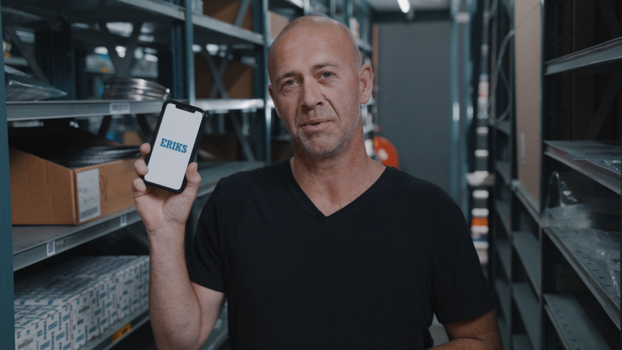 Warehouse setting with a member of staff holding a phone showing the barcode and qr code sacnner