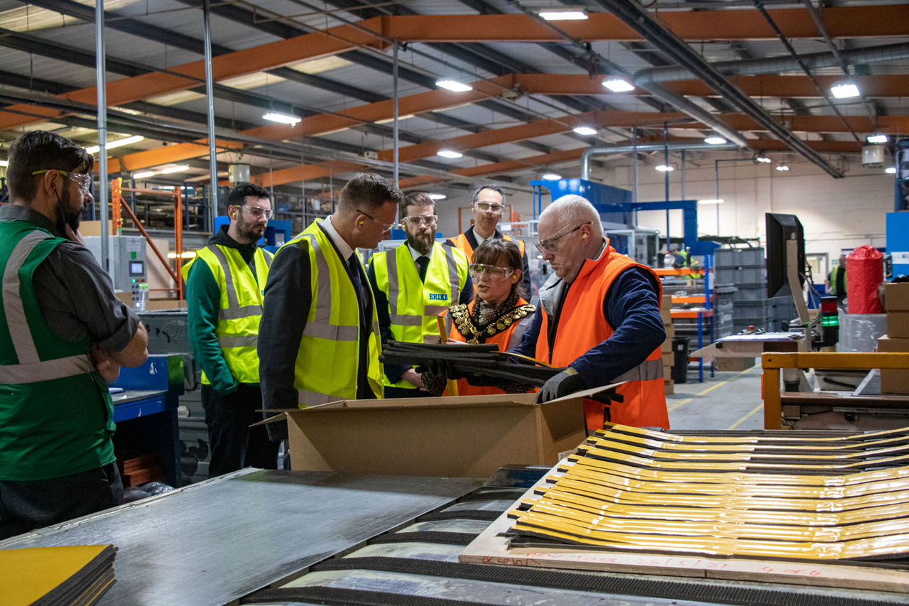 Mayor of Barnsley, Dan Nicholson and ERIKS Employees looking around new Barnsley technology centre