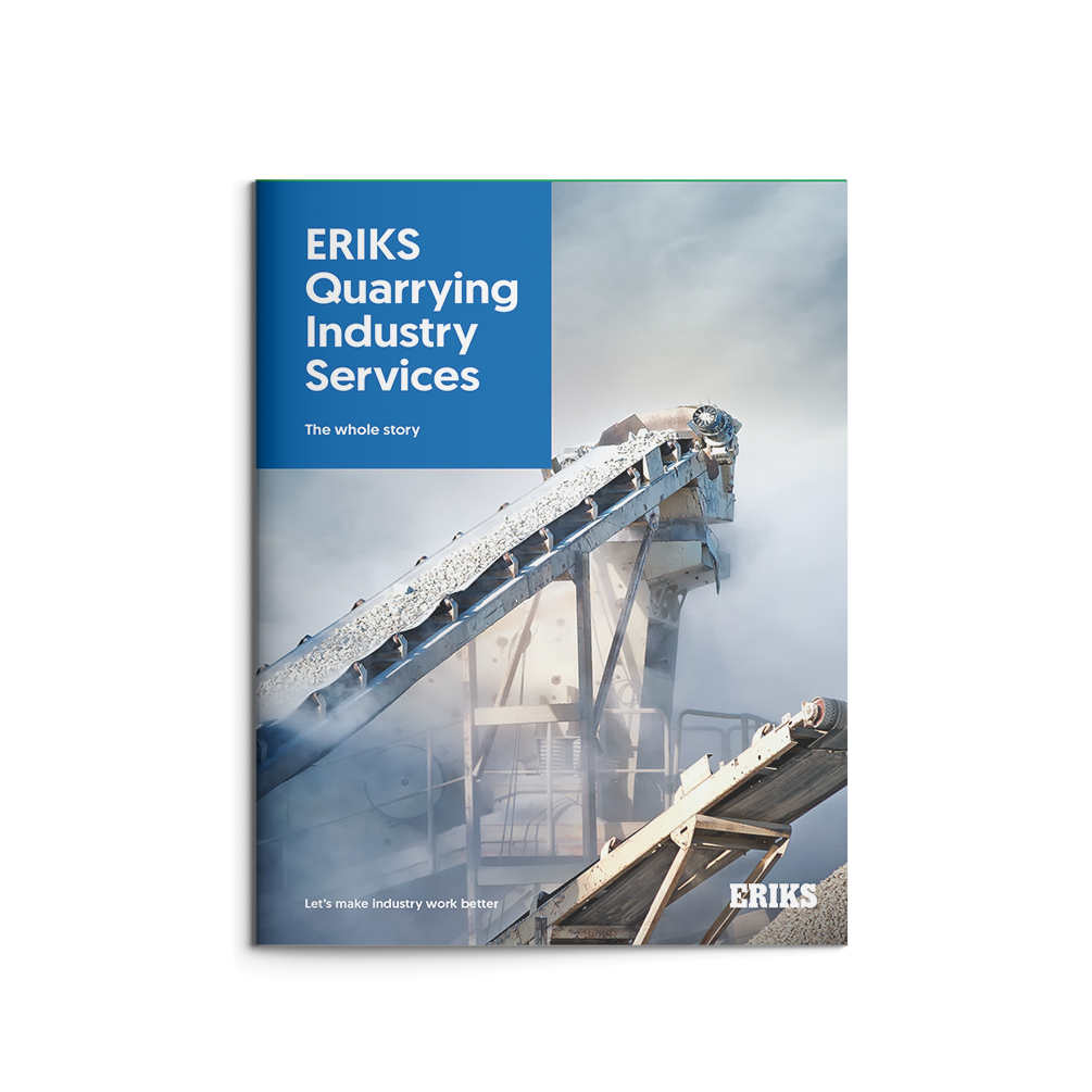 ERIKS Quarrying Industrial Solutions Guide with a conveyor carrying huge rocks in a quarry setting