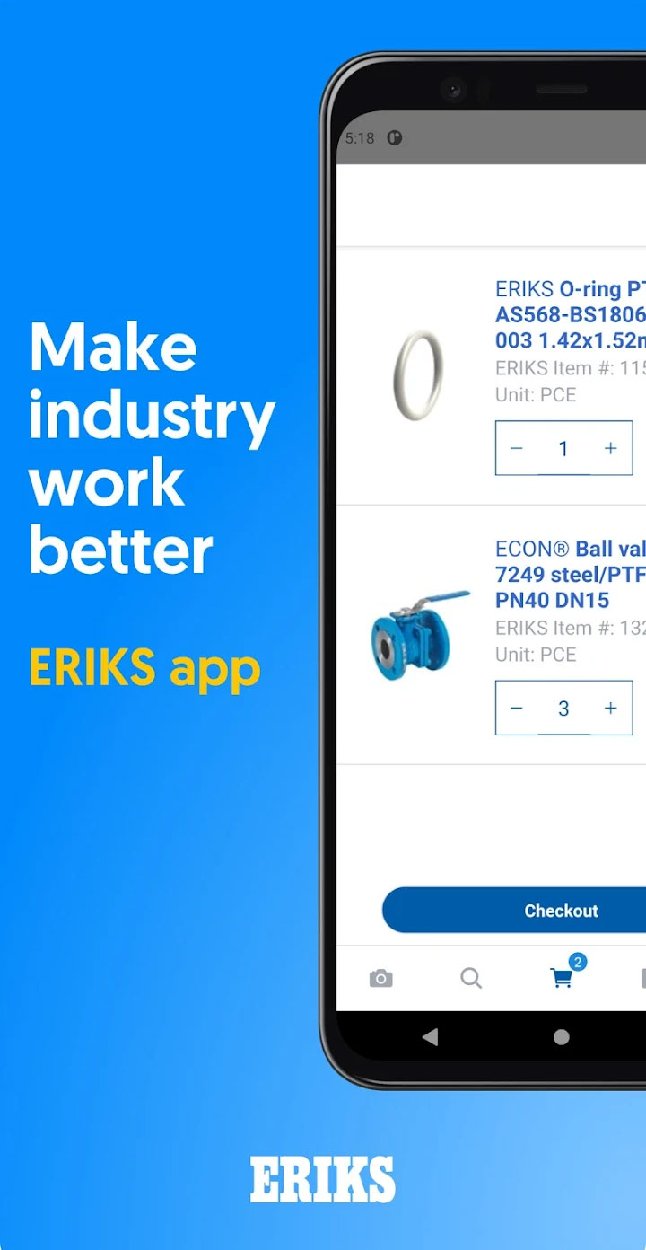 ERIKS App screenshot with a phone showing products and the text saying ERIKS APP