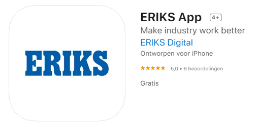 Screnshot of the iOS and Android app store showing the ERIKS App logo and details, with texting saying Let's Make Industry Work Better